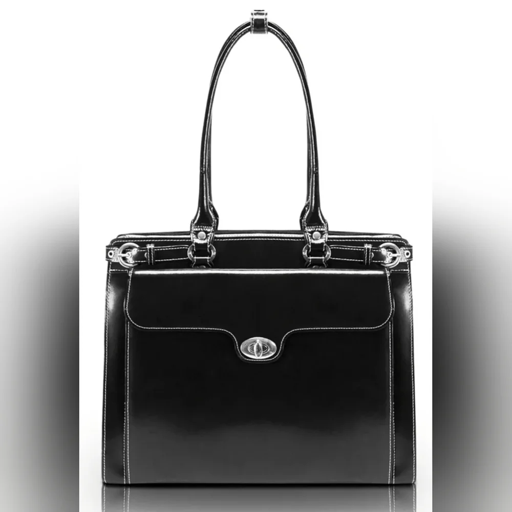 McKlein Premium Leather Briefcase Black/ Silver Business Career OFFICE New! Lrg